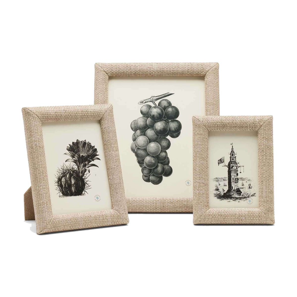 Three small rectangular picture frames with a woven beige fabric border, displayed on a white background. The center frame is open to show a black-and-white illustration of a grape cluster, while the left and right frames are closed, showing black-and-white illustrations of a cactus and a lighthouse respectively.
