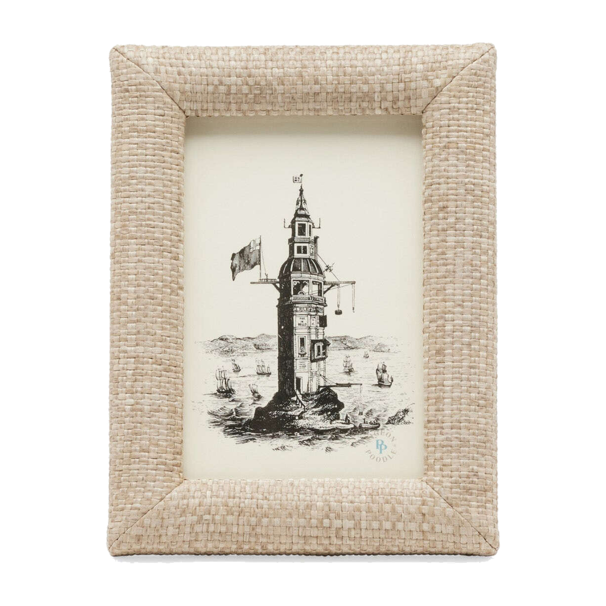 A square framed art print featuring a black ink illustration of the Lisbon Tower on an off-white background, surrounded by a textured beige woven frame.