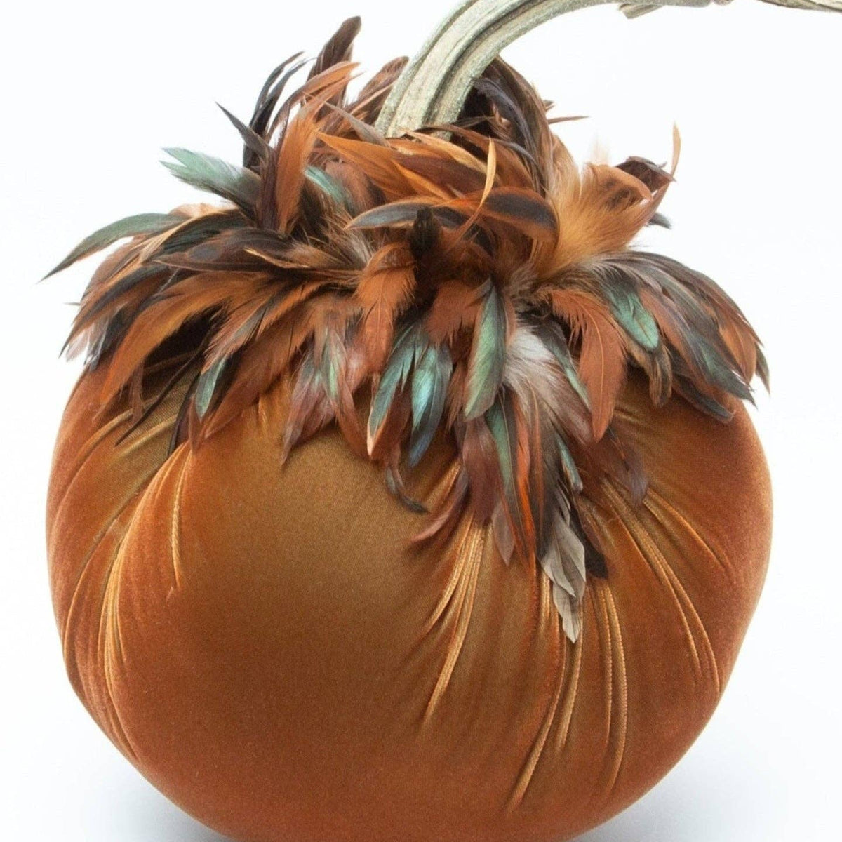 Sandgreen Silk Velvet Pumpkin with Half Bronze Feather Collar - Sea Green Designs