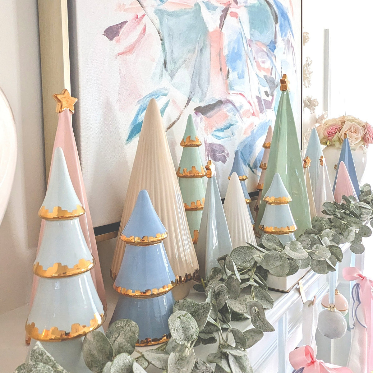 Folded Christmas Trees with 22K Gold Brushstroke Accent in Sea Glass