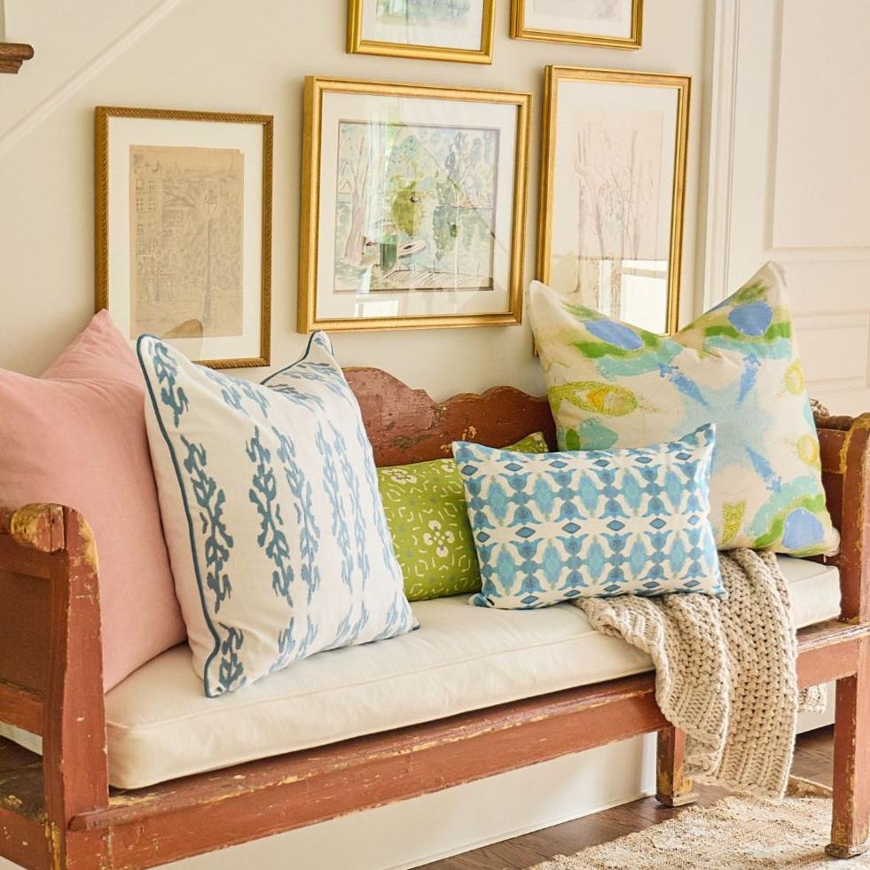 Coral Gardens Embroidered 22x22 Pillow in Blue - Sea Green Designs