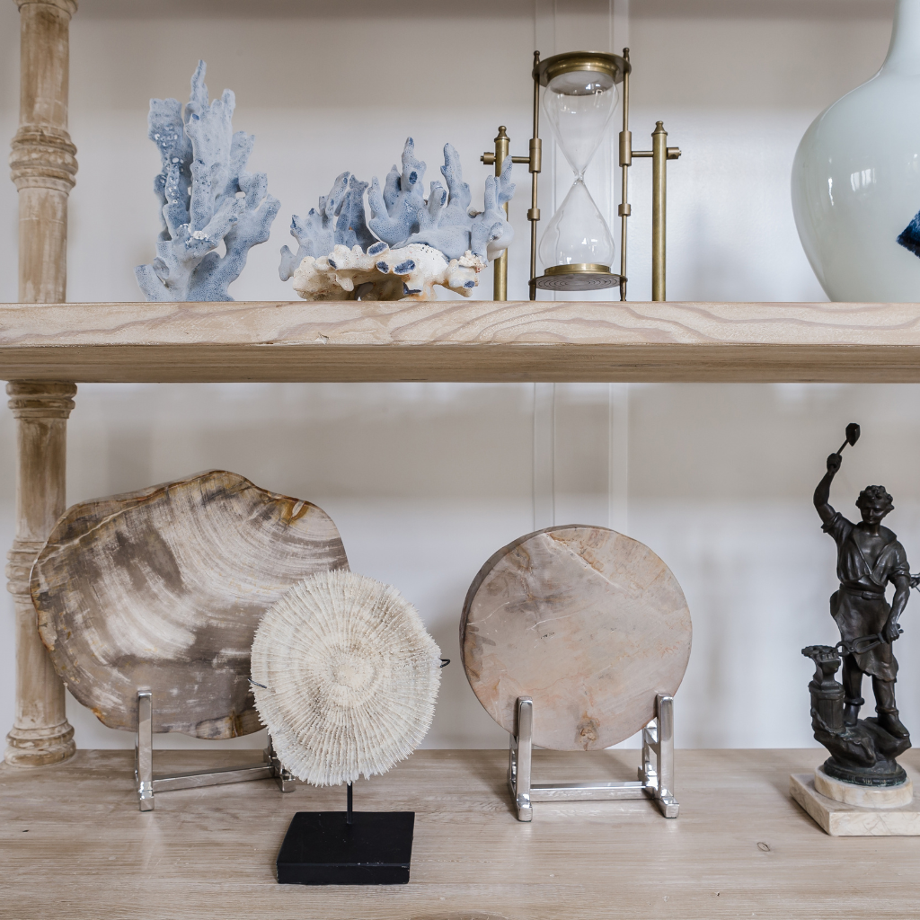 Decorative items on a wooden shelf including a shell, coral sculpture, hourglass, and statue.