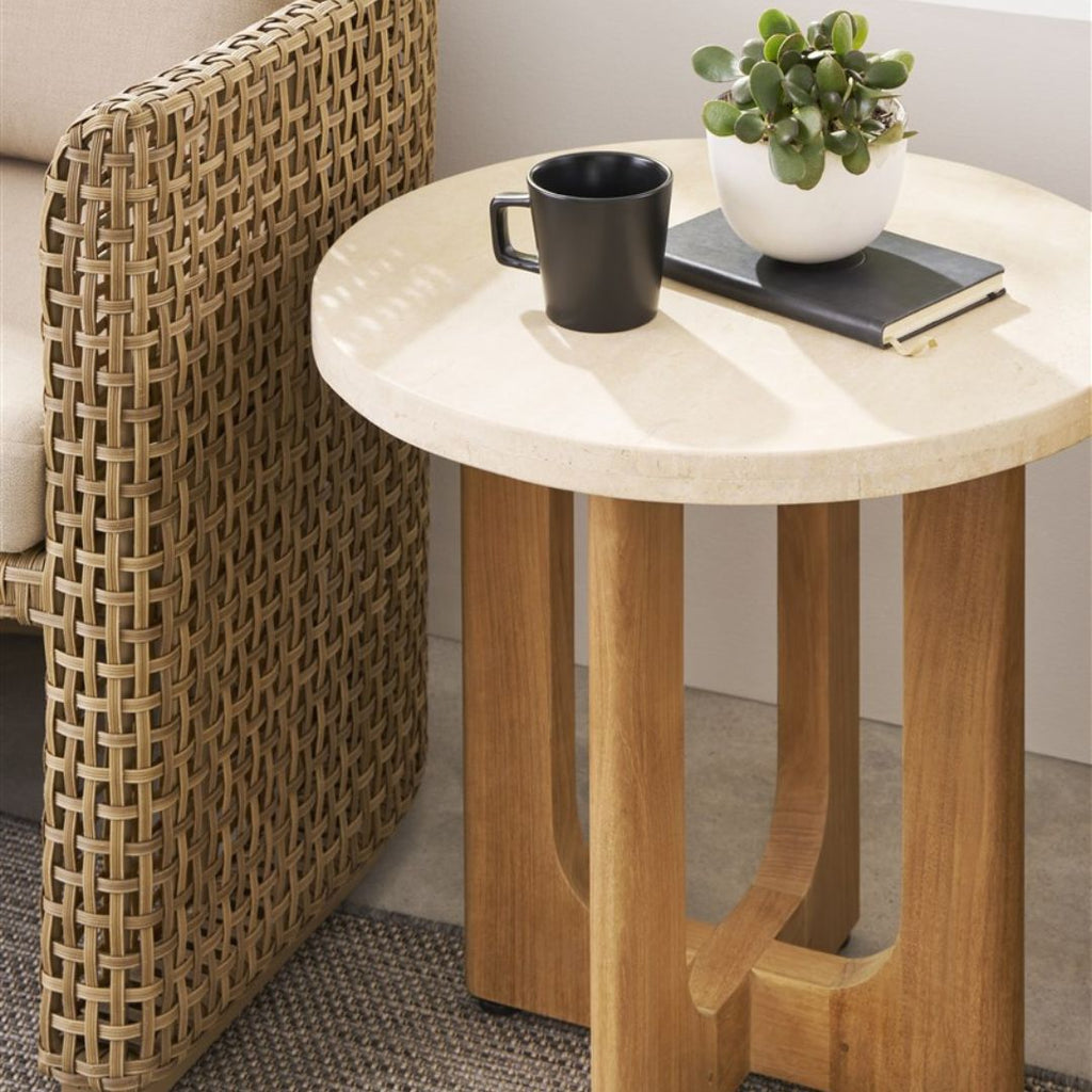 Bliss Outdoor End Table- Wood & Travertine