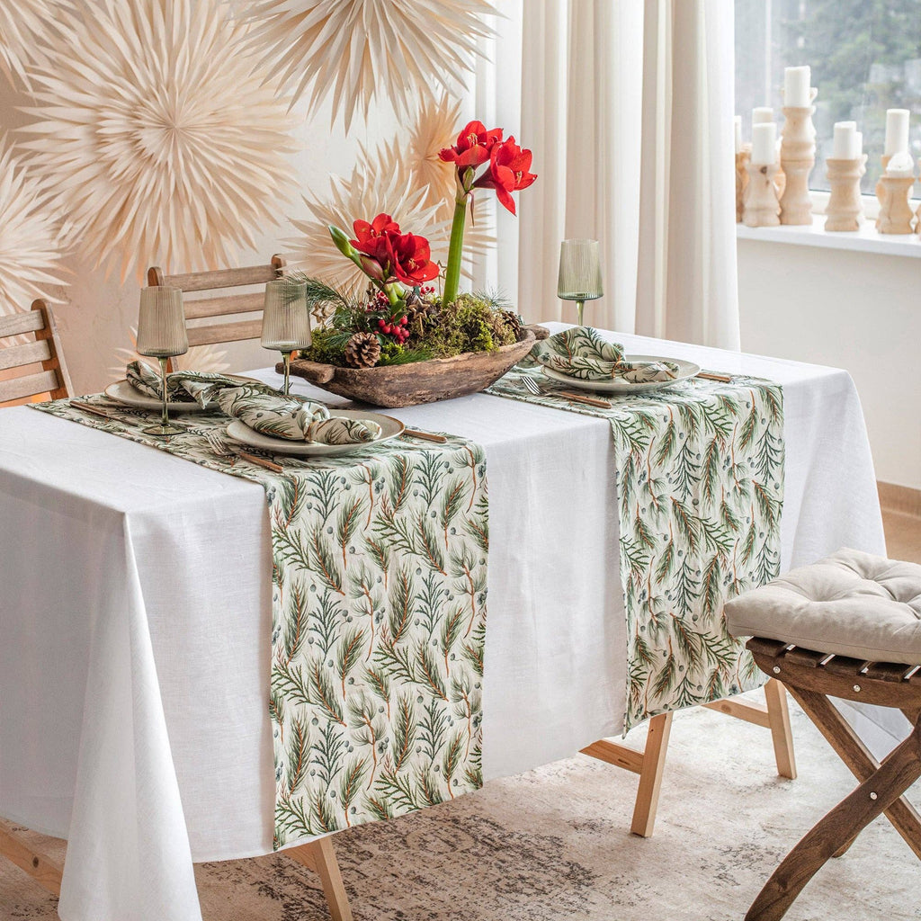 White & Winter Print Linen Napkin, Set of 2 - Sea Green Designs