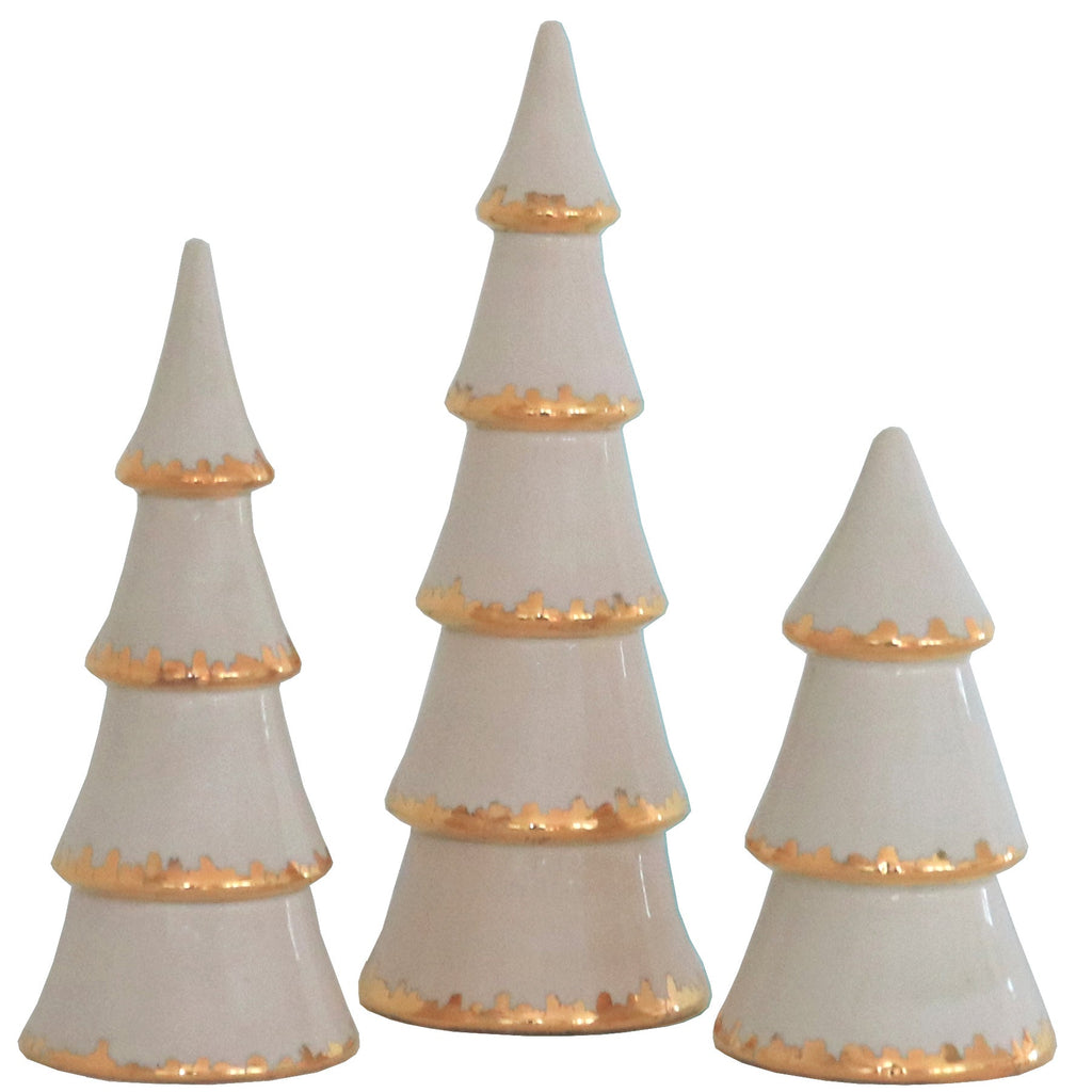 Beige Tiered Christmas Trees with 22K Gold Brushstroke Accent - Sea Green Designs