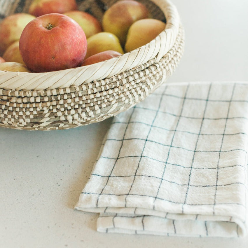 Stone Washed Linen Tea Towel in Windowpane - Sea GReen Designs