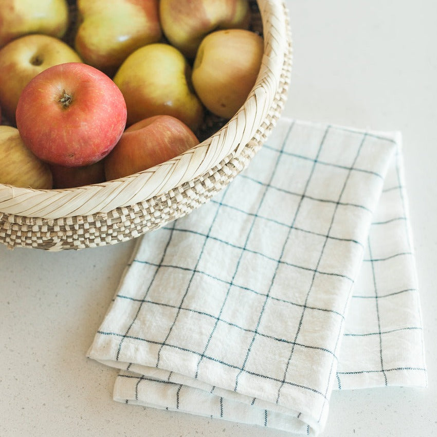 Stone Washed Linen Tea Towel in Windowpane - Sea GReen Designs