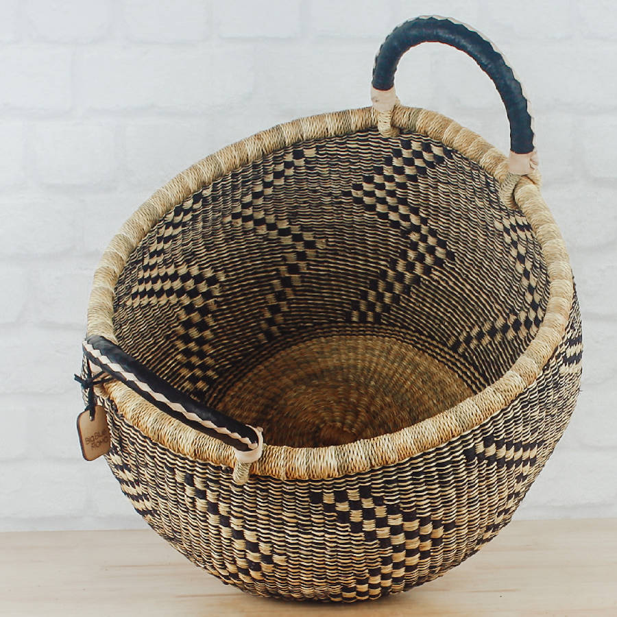 Large Round Two Handle Natural And Navy Bolga Baskets - Sea Green Designs