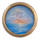 An oval oil painting depicting a seascape with a glowing sunset or sunrise over the horizon, reflected in the blue water, housed in a wide, ornate gold frame against a plain white background.