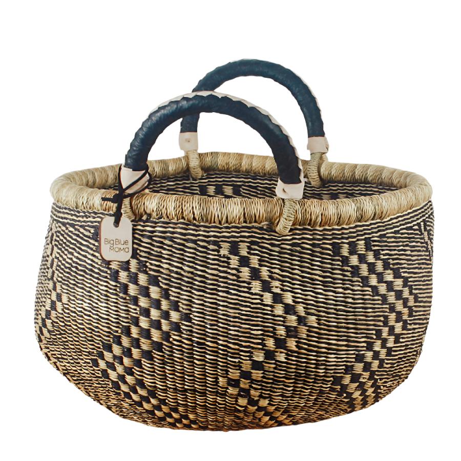 Large Round Two Handle Natural And Navy Bolga Baskets - Sea Green Designs