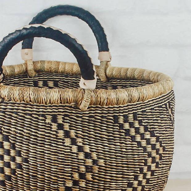 Large Round Two Handle Natural And Navy Bolga Baskets - Sea Green Designs