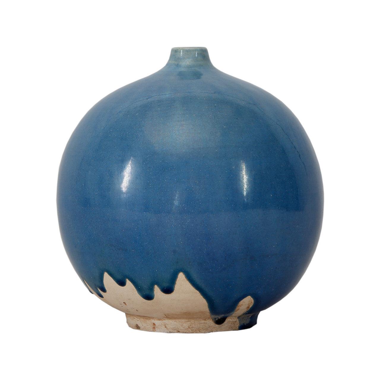 Approx. 6” Vintage Style Blue Round Vase With Small Opening - Sea Green Designs