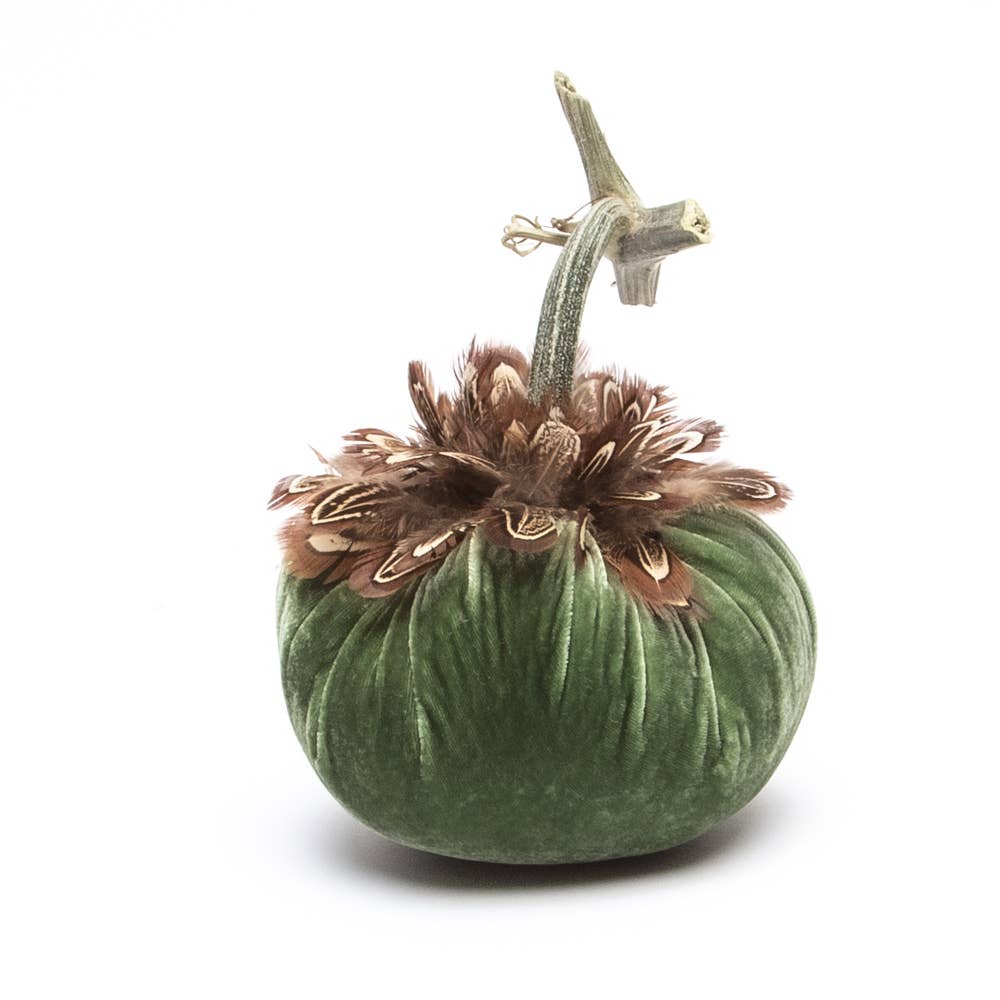 Sage Silk Velvet Pumpkin with Pheasant Feather Collar - Sea Green Designs