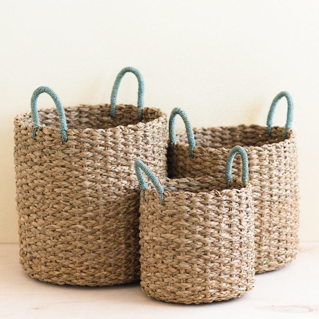 Seagrass Woven Baskets with Sky Blue Handle, Set of 3 - Sea Green Designs