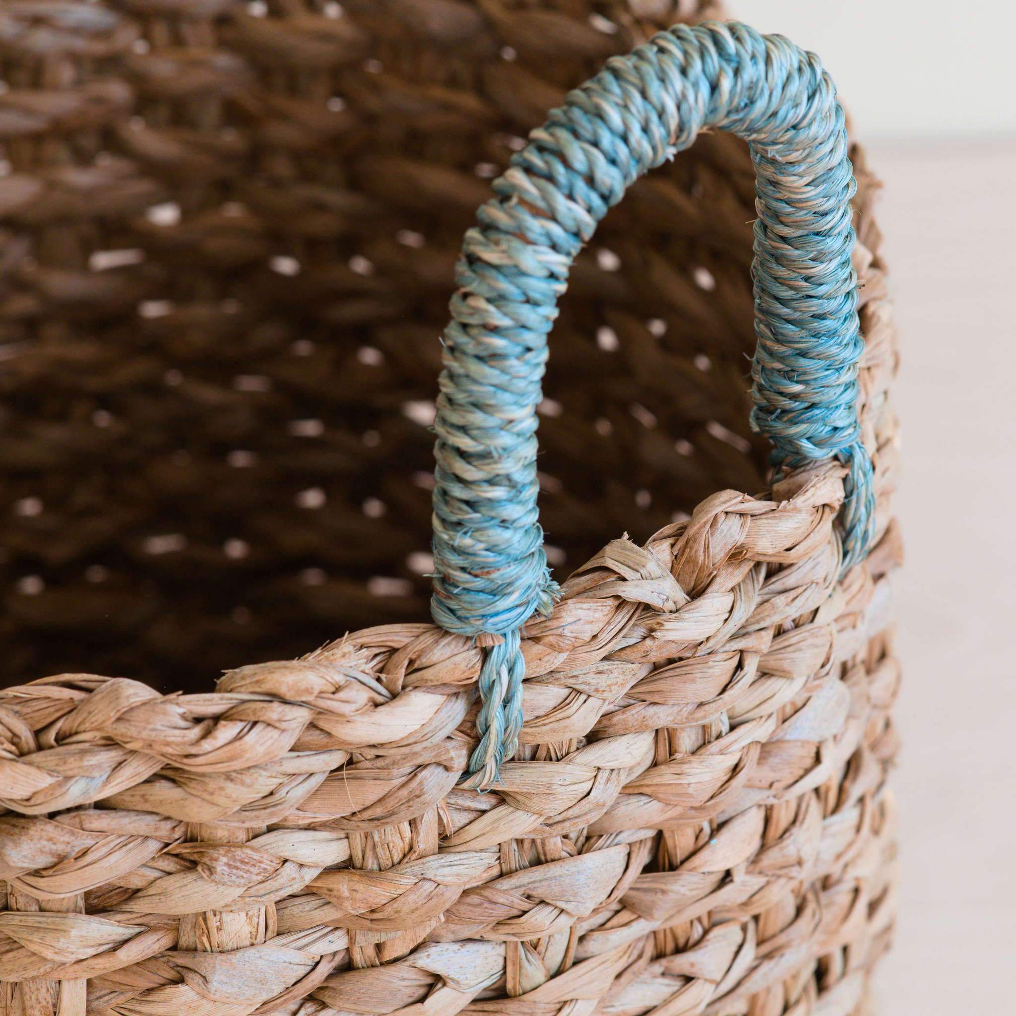 Seagrass Woven Baskets with Sky Blue Handle, Set of 3 - Sea Green Designs