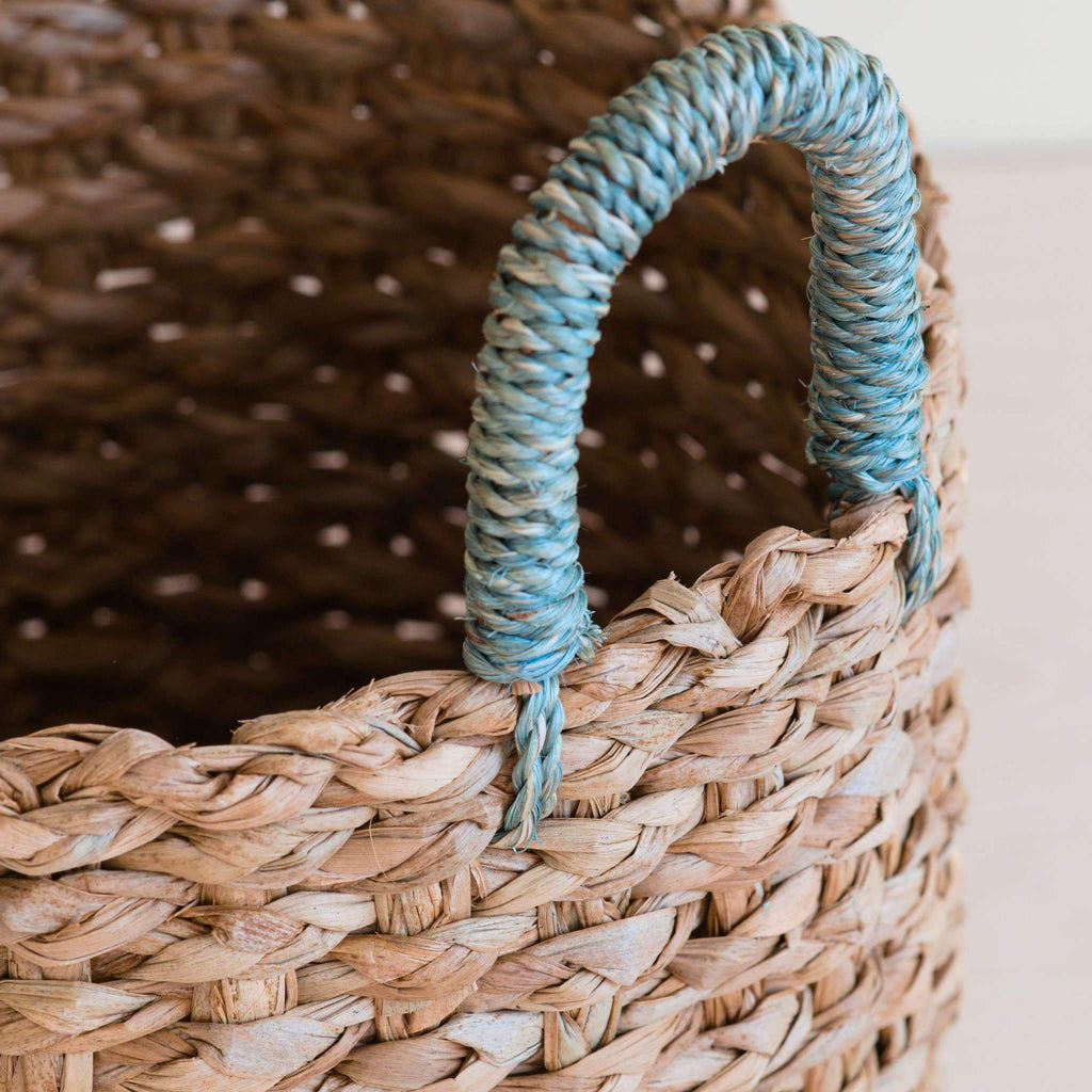 Seagrass Woven Baskets with Sky Blue Handle, Set of 3 - Sea Green Designs