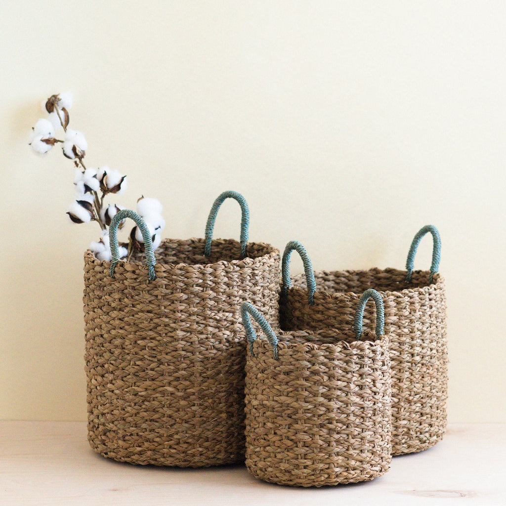 Seagrass Woven Baskets with Sky Blue Handle, Set of 3 - Sea Green Designs