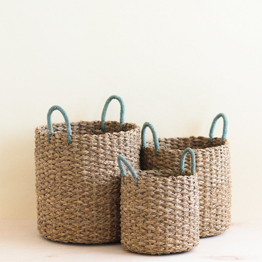 Seagrass Woven Baskets with Sky Blue Handle, Set of 3 - Sea Green Designs
