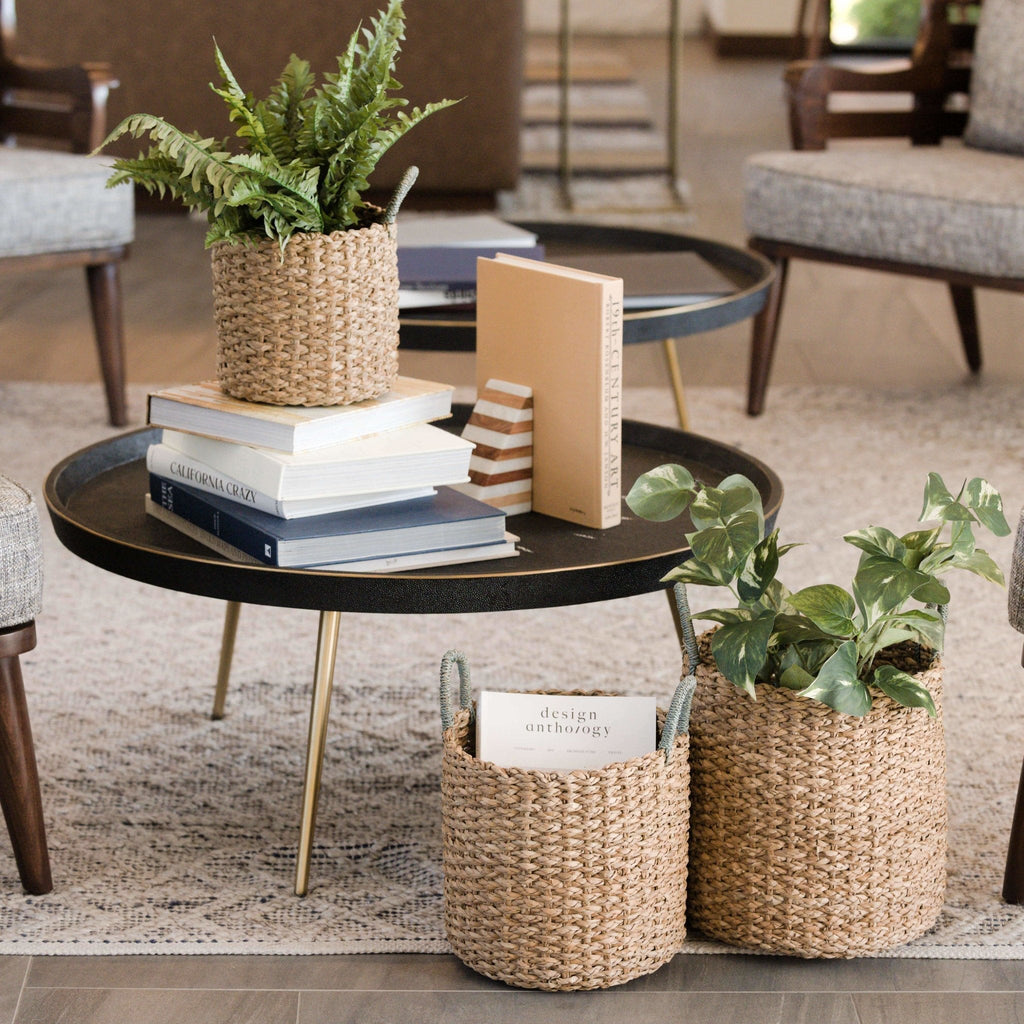 Seagrass Woven Baskets with Sky Blue Handle, Set of 3 - Sea Green Designs