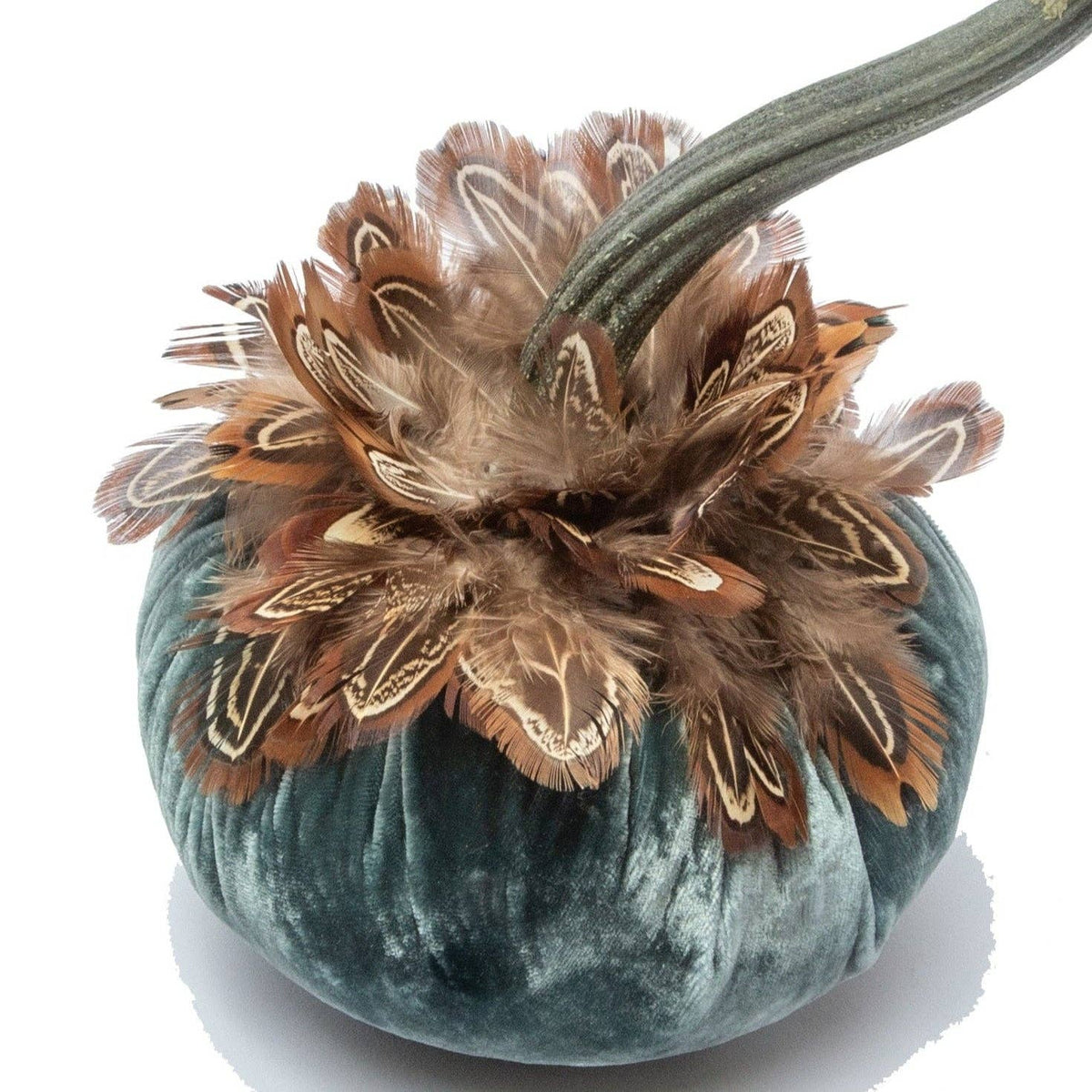 Wedgewood Silk Velvet Pumpkin with Pheasant Feather Collar - Sea Green Designs