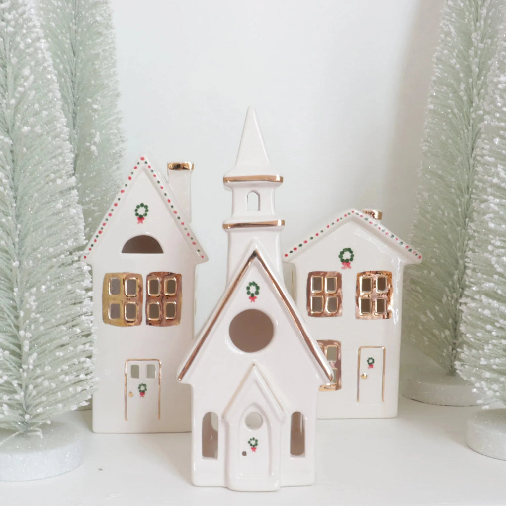 Ivory Christmas Village 3-Piece Set with 22K Gold Accents - Sea Green Designs