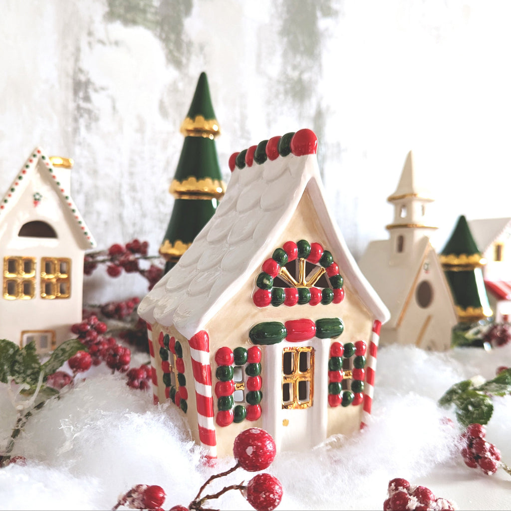 Ivory Christmas Village 3-Piece Set with 22K Gold Accents - Sea Green Designs