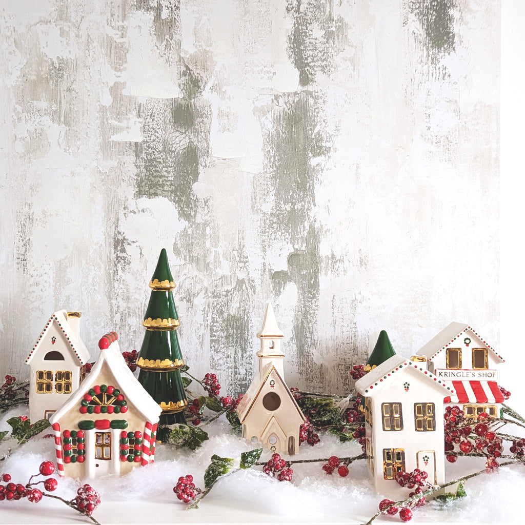 Ivory Christmas Village 3-Piece Set with 22K Gold Accents - Sea Green Designs