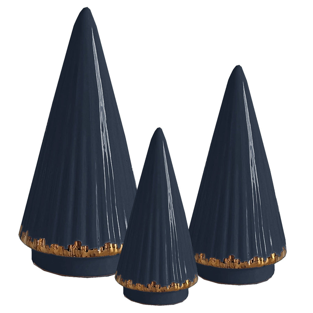 Navy Blue Fluted Christmas Trees with 22K Gold Brushstroke Accent - Sea Green Designs