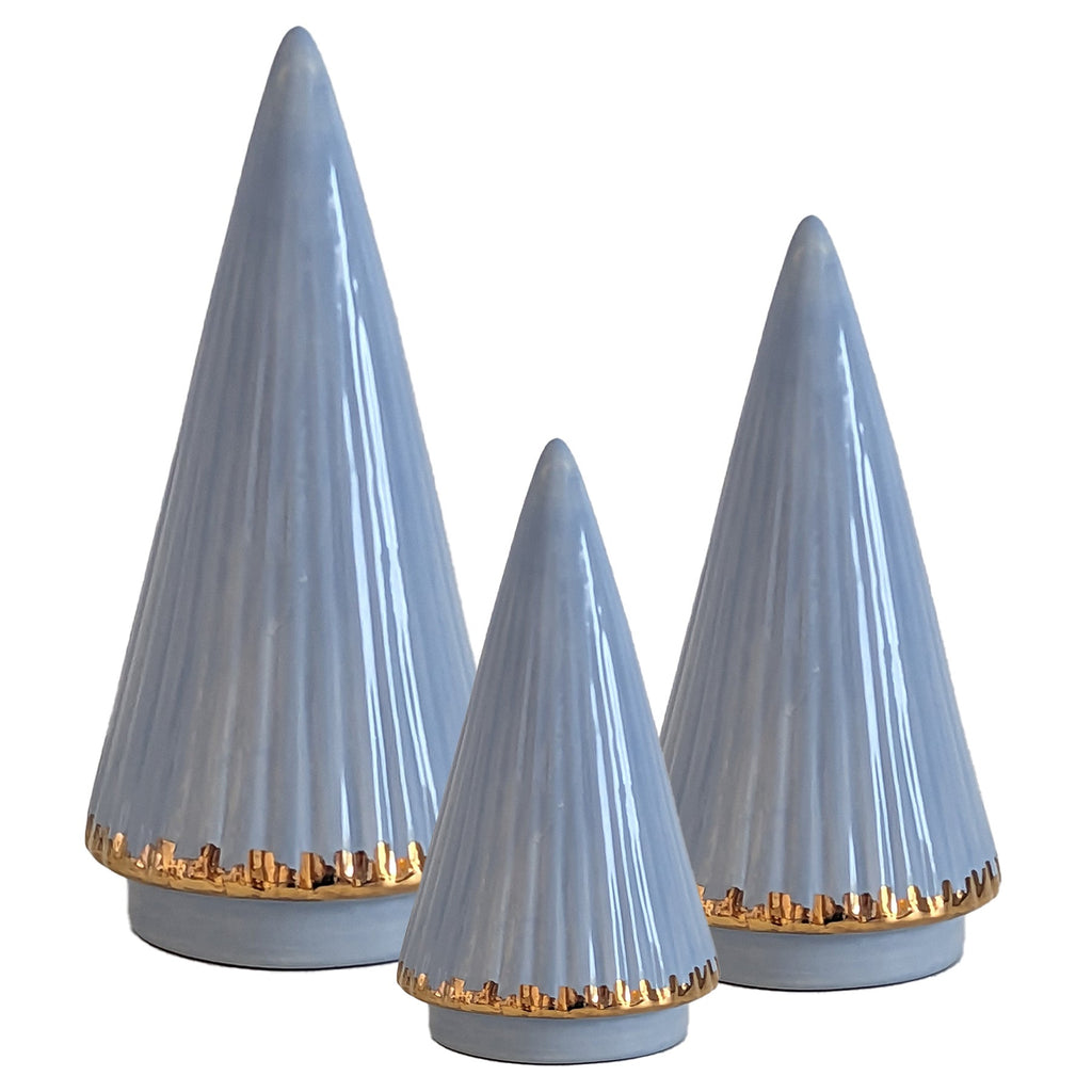 Serenity Blue Fluted Christmas Trees with 22K Gold Brushstroke Accent - Sea Green Designs