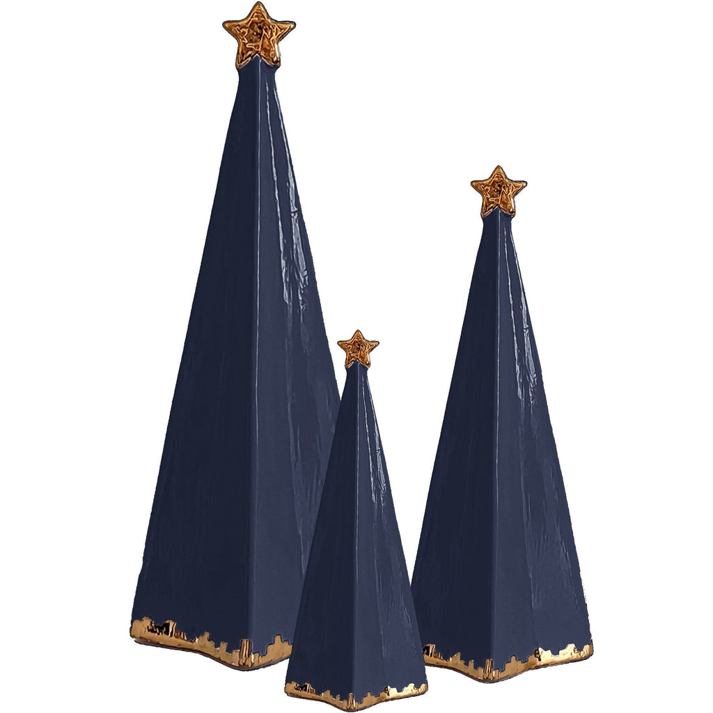 Navy Blue Folded Christmas Trees with 22K Gold Brushstroke Accent - Sea Green Designs