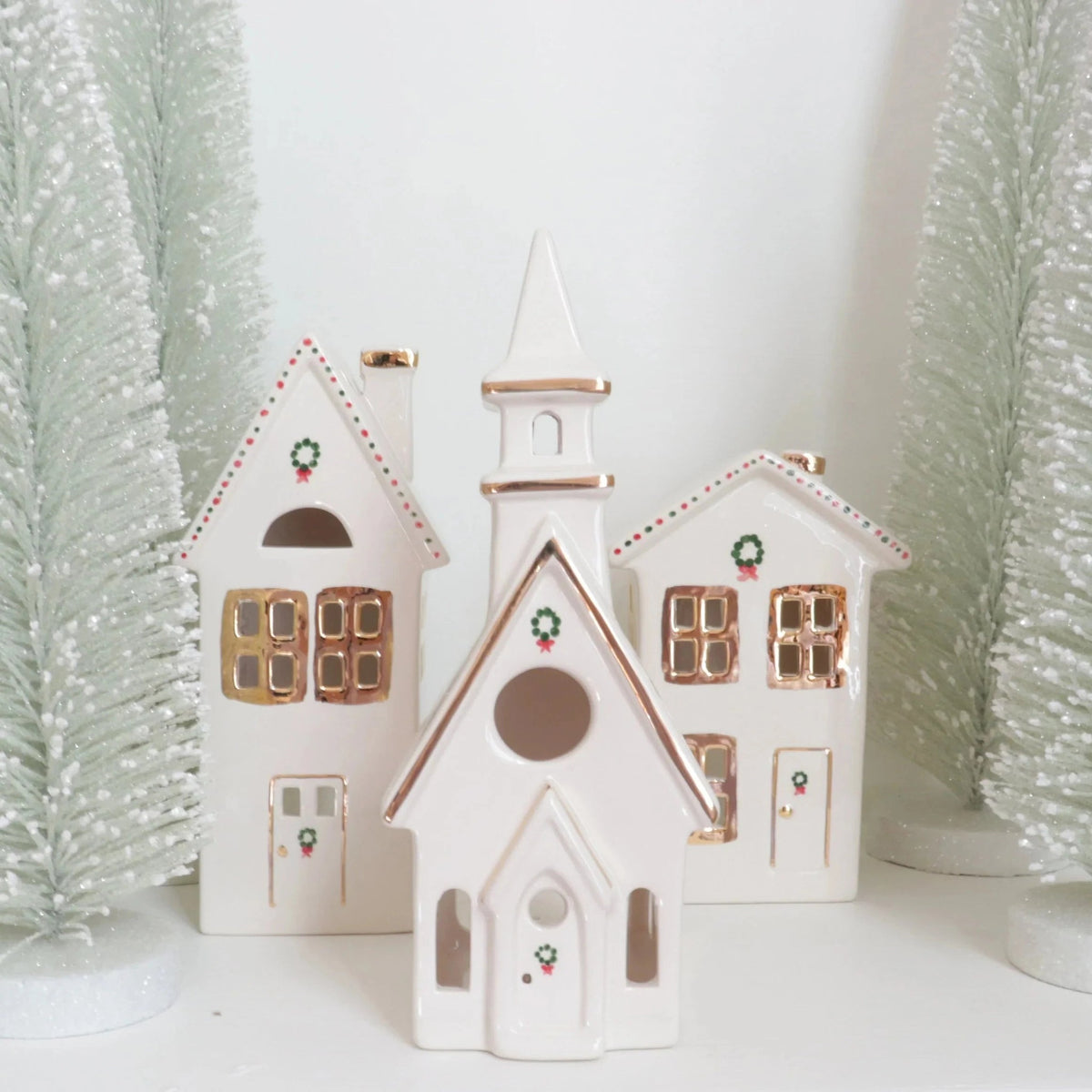 Christmas Village 3-Piece Set with 22K Gold Accents in Ivory