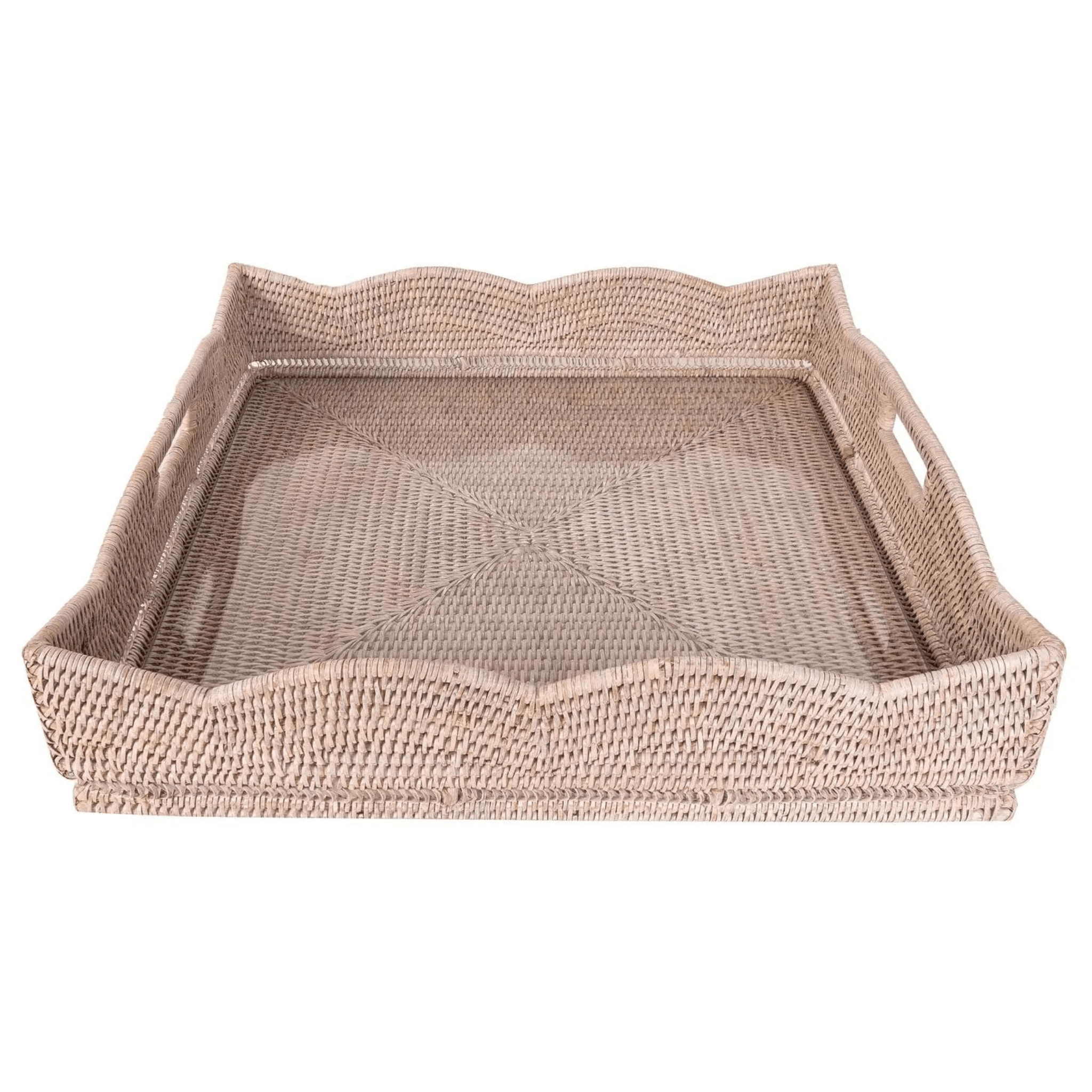 Rattan Scallop Square Tray with Glass Insert in White Wash - Sea Green Designs