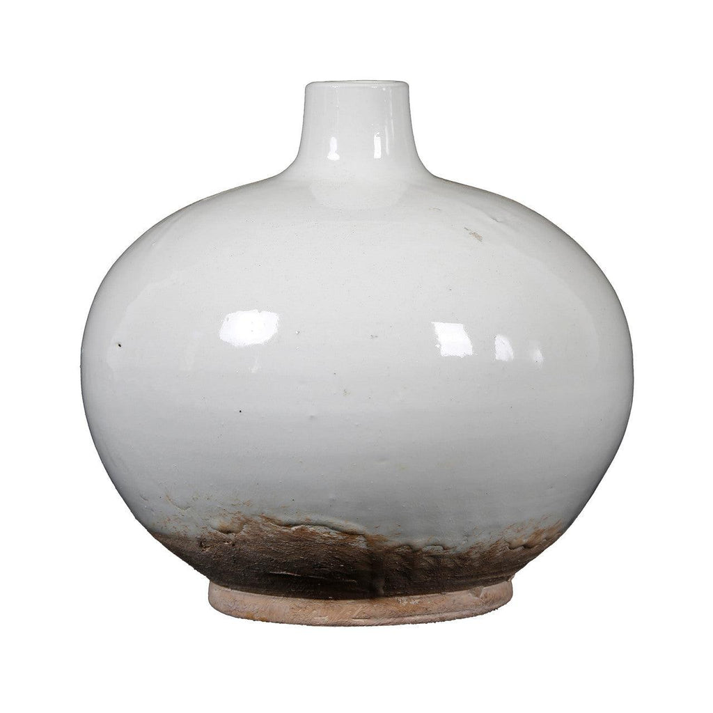 White Vintage Style Round Vase With Unglazed Base - Sea Green Designs