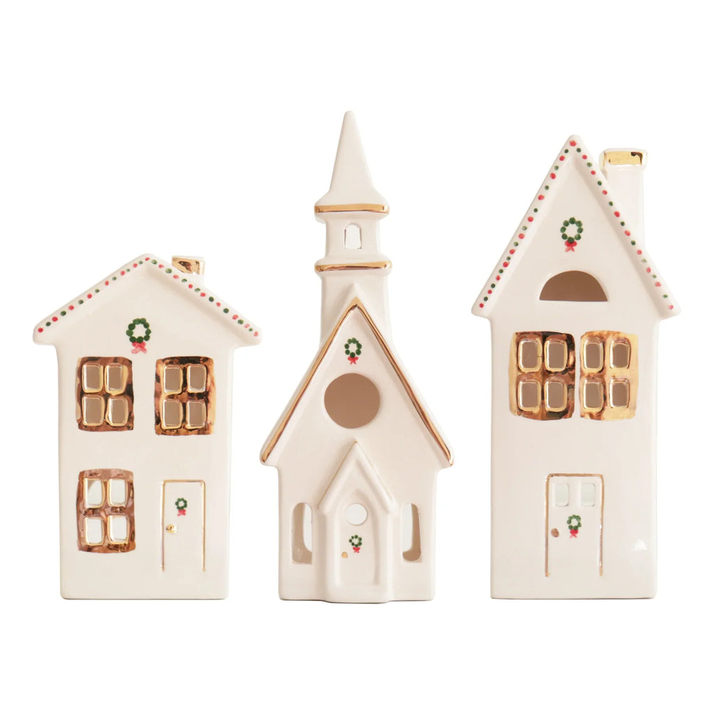 Ivory Christmas Village 3-Piece Set with 22K Gold Accents - Sea Green Designs